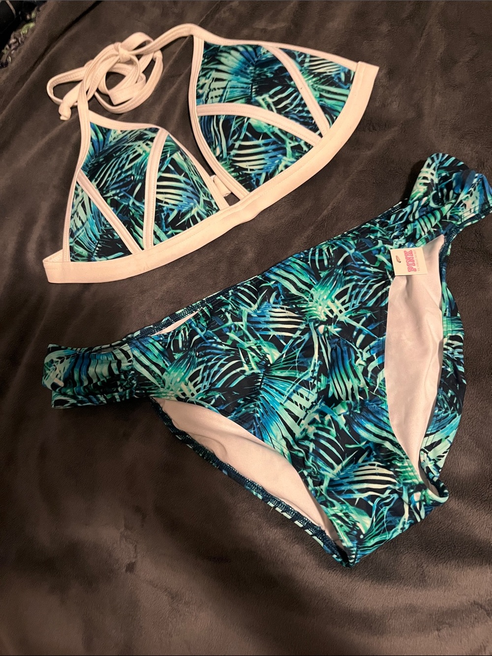 PINK Victoria's Secret Teal & Blue Palm-Print Triangle Bikini